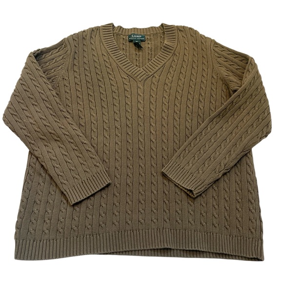 Lauren Ralph Lauren Women’s Olive Green Cable Knit V-Neck Cotton Sweater XL - Picture 2 of 8